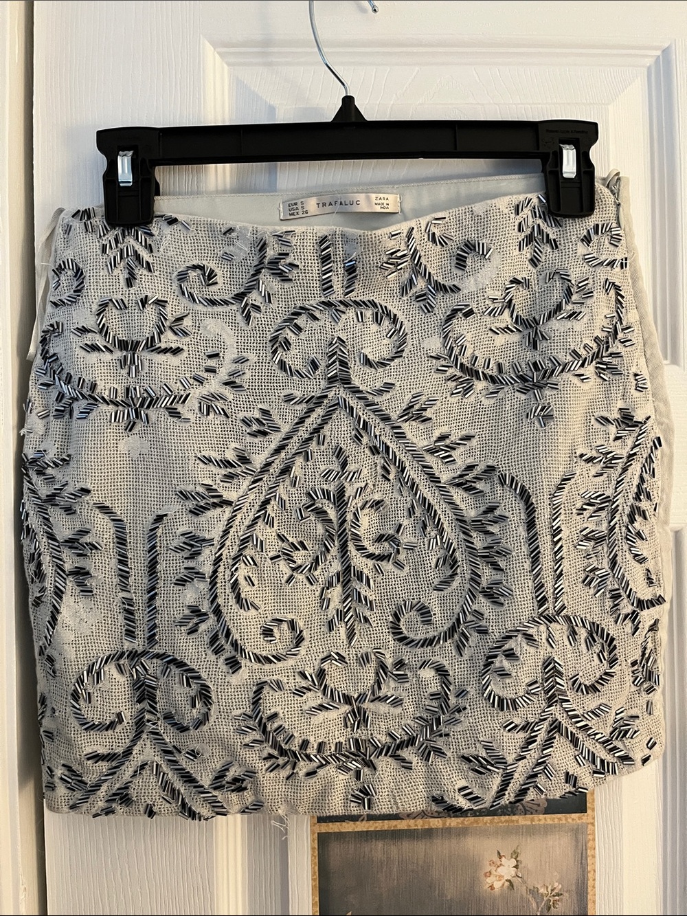 😃Trafaluc Cream Mini Skirt with Black Embroidered Motif